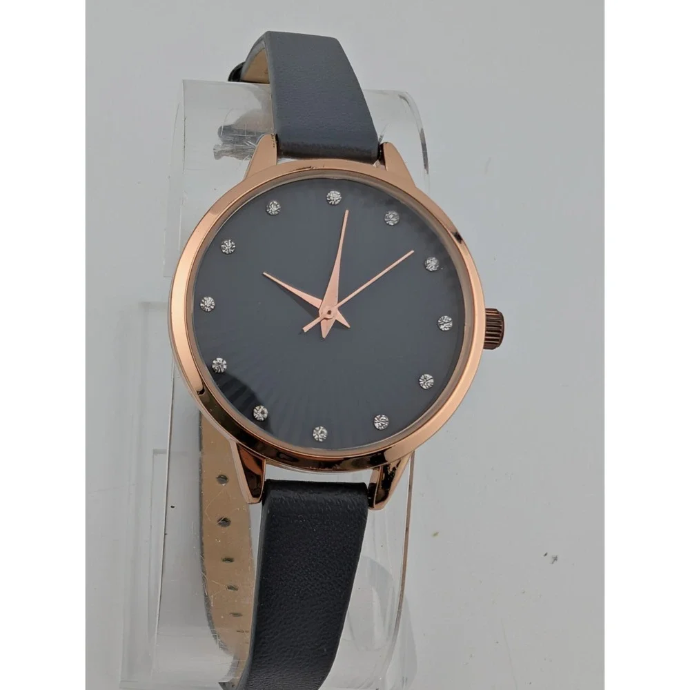 Time & Tru Watch Women Crystal Accents 30mm Rose Gold‎ Case Gray Band- Working